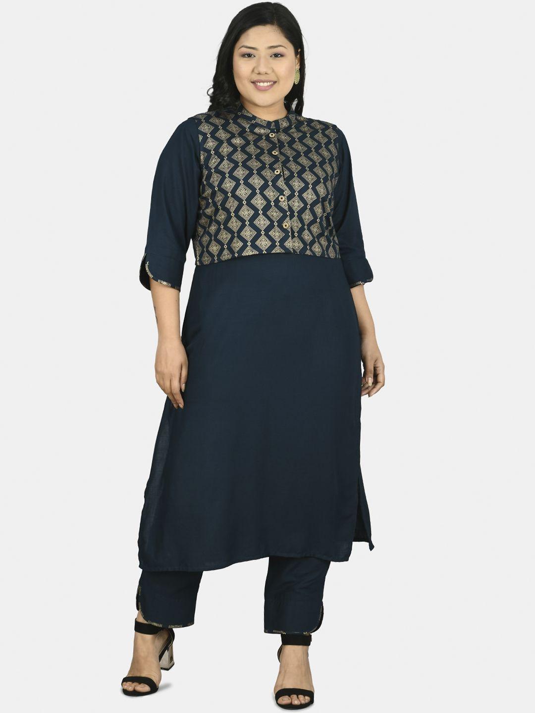 prettyplus by desinoor.com women blue ethnic motifs printed kurta with trousers