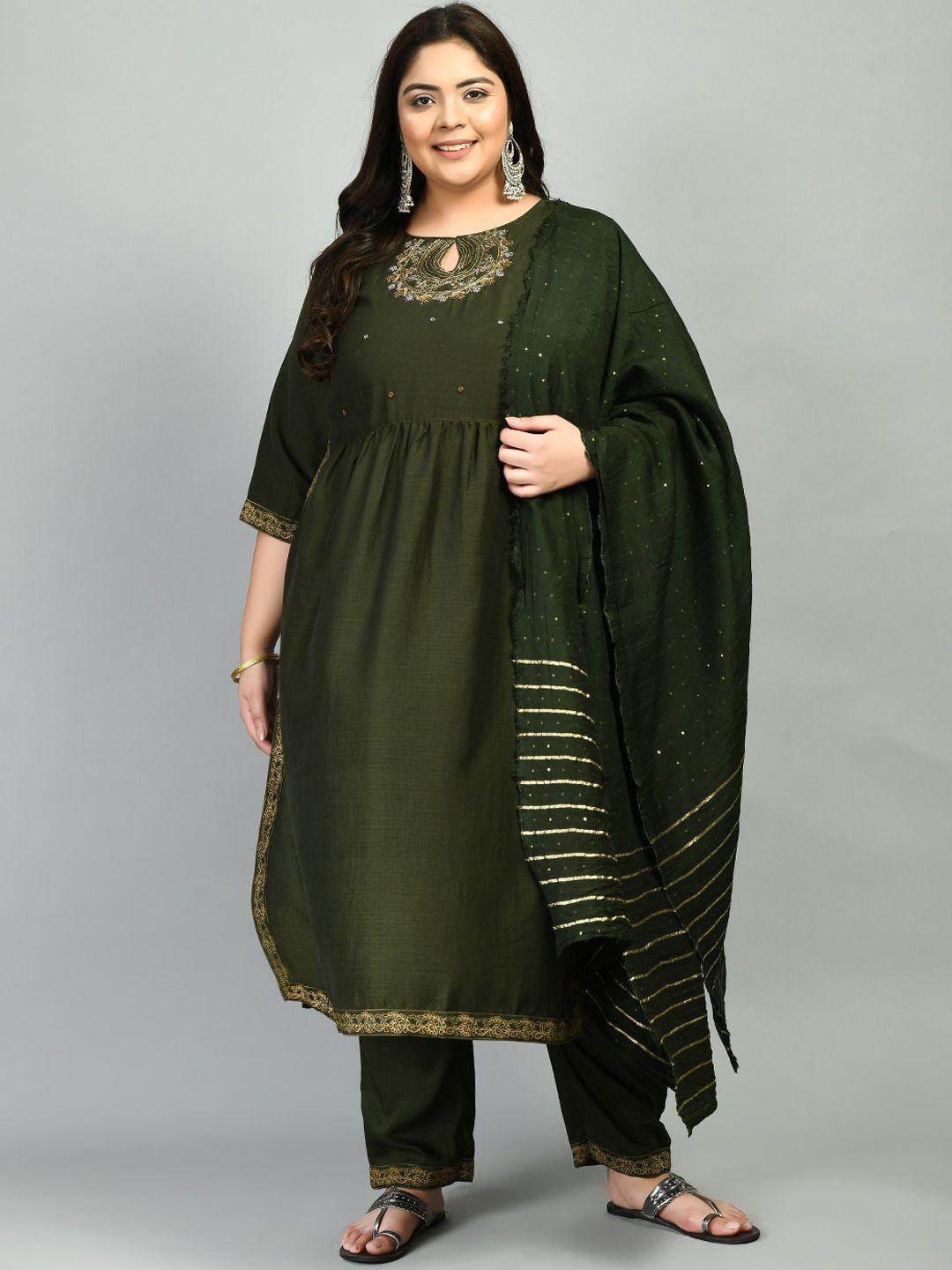 prettyplus by desinoor.com women green floral embroidered kurta with trousers & dupatta