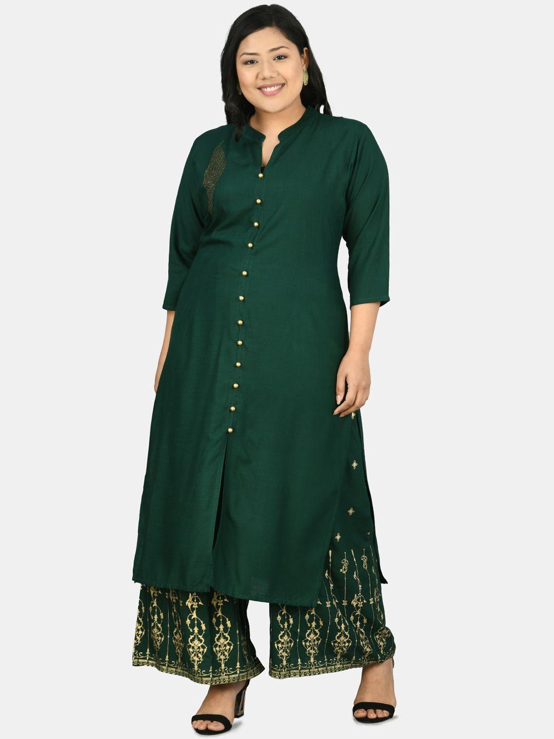 prettyplus by desinoor.com women green kurta with palazzos