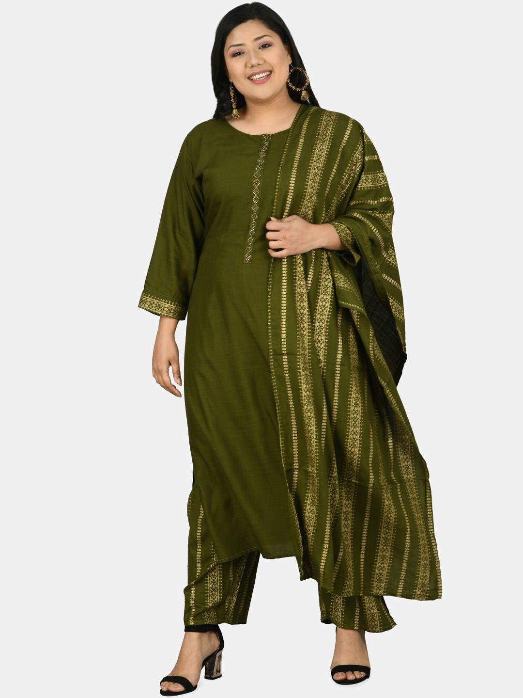 prettyplus by desinoor.com women green kurta with trousers & with dupatta