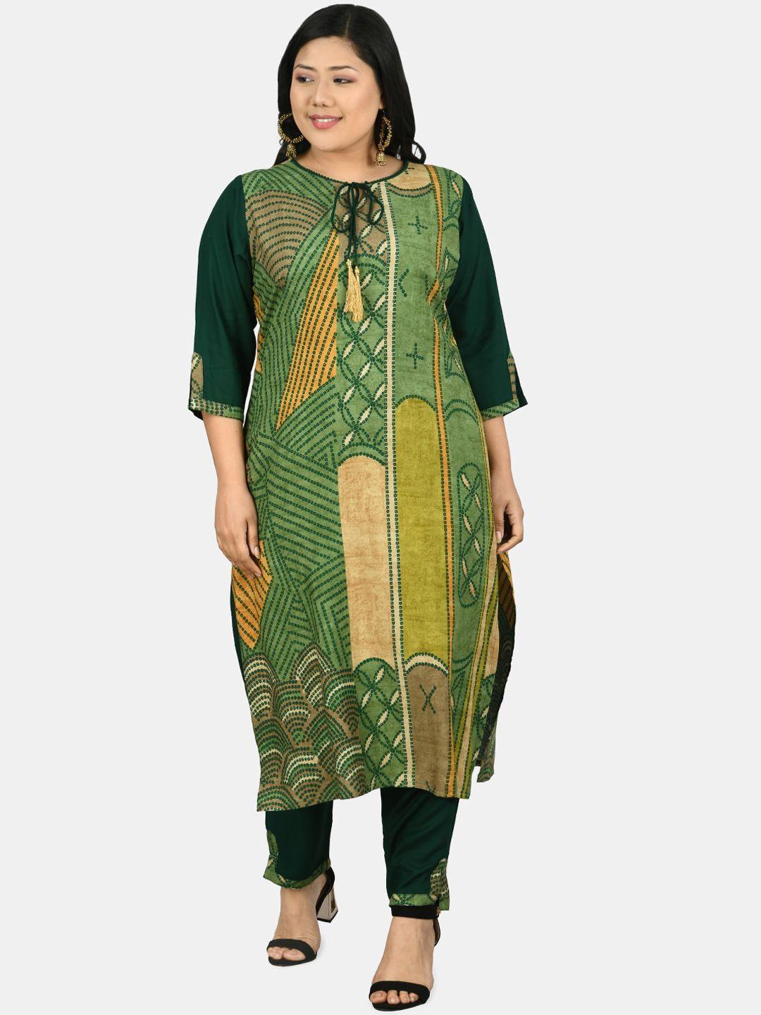 prettyplus by desinoor.com women green printed kurta with trouser