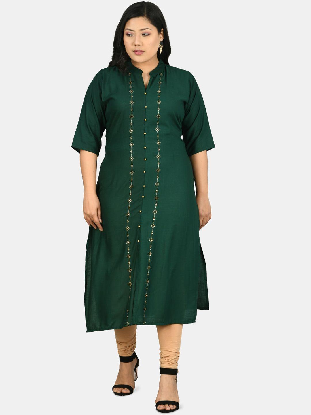 prettyplus by desinoor.com women green siroski kurta