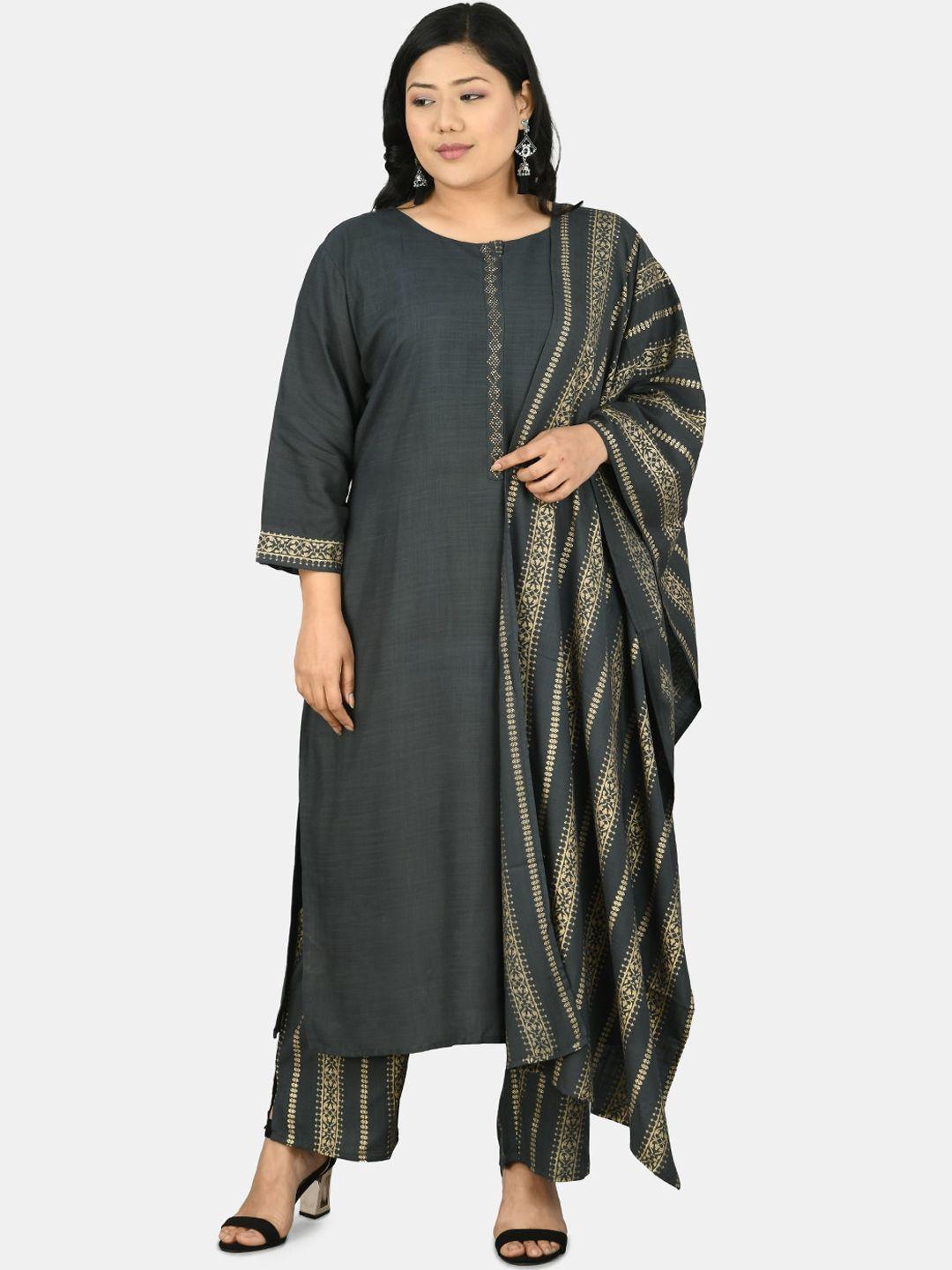 prettyplus by desinoor.com women grey & gold-coloured kurta with palazzos & dupatta