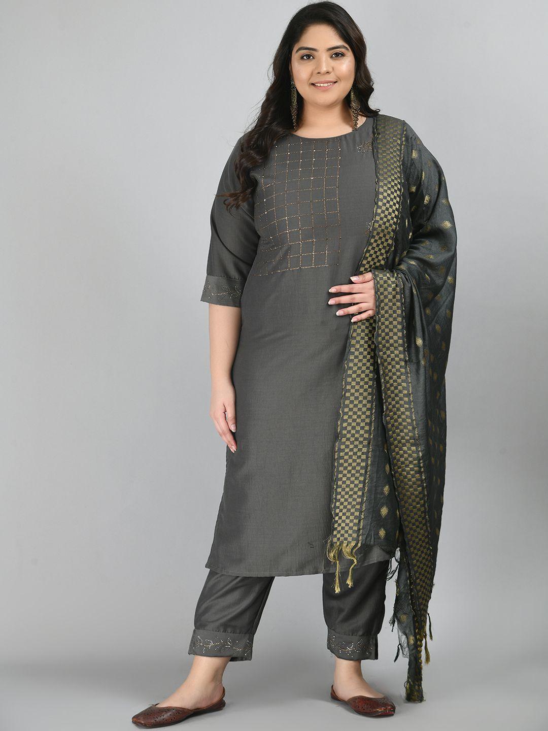 prettyplus by desinoor.com women grey beads and stones kurta with trousers & dupatta