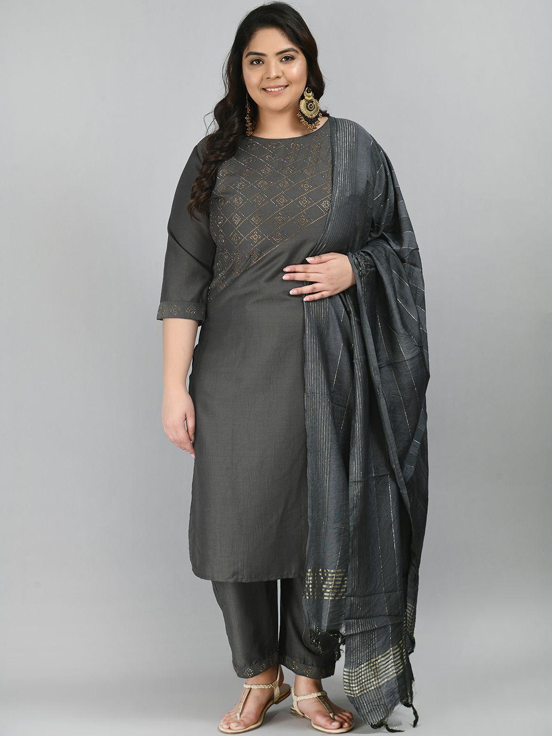 prettyplus by desinoor.com women grey beads and stones kurti with trousers & dupatta
