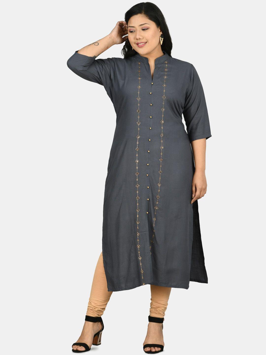 prettyplus by desinoor.com women grey kurta with siroski work on front