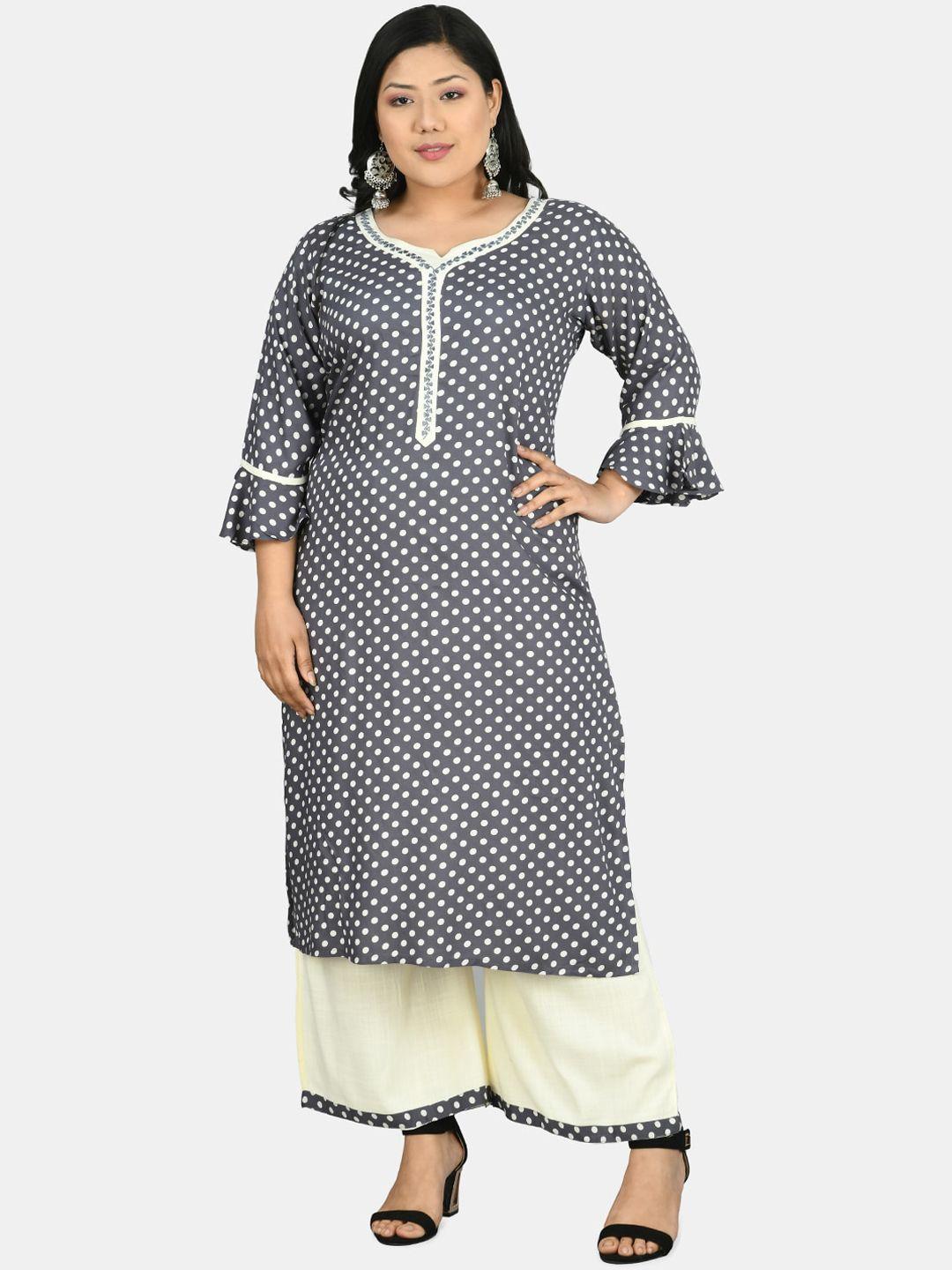prettyplus by desinoor.com women grey polka dots printed kurta with palazzos