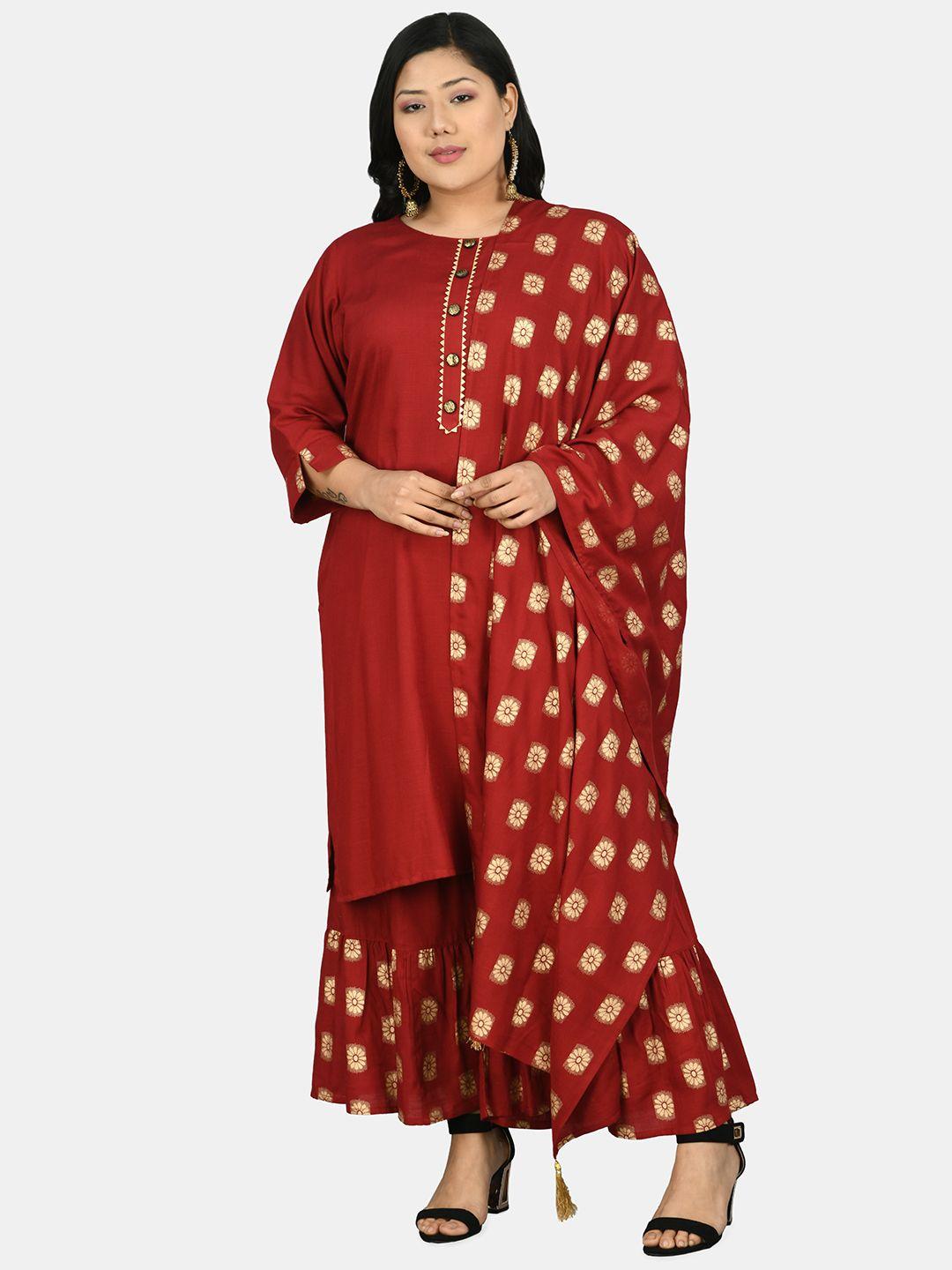 prettyplus by desinoor.com women maroon & gold coloured kurta with sharara & dupatta
