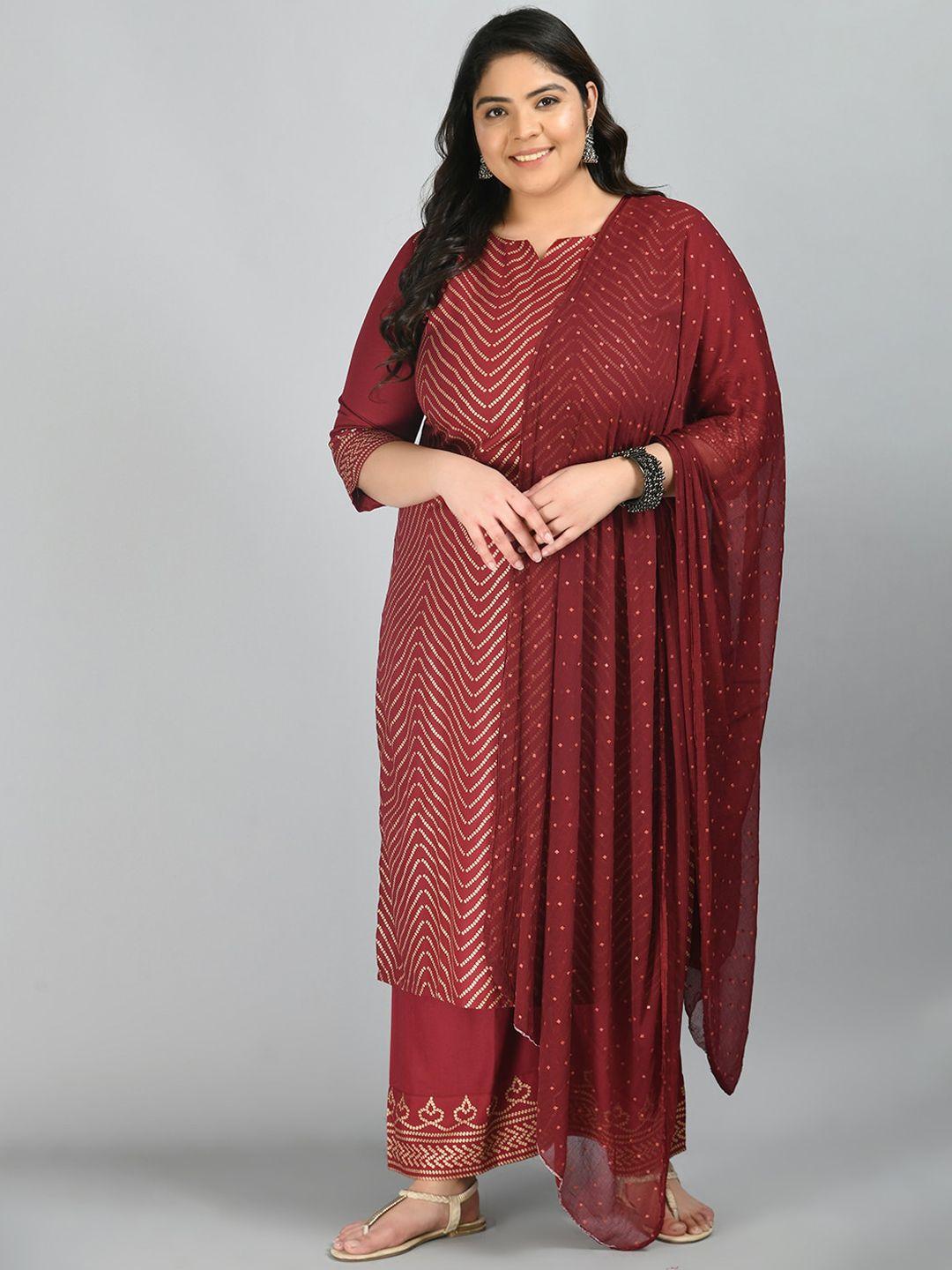 prettyplus by desinoor.com women maroon ethnic motifs printed kurta with palazzos with dupatta