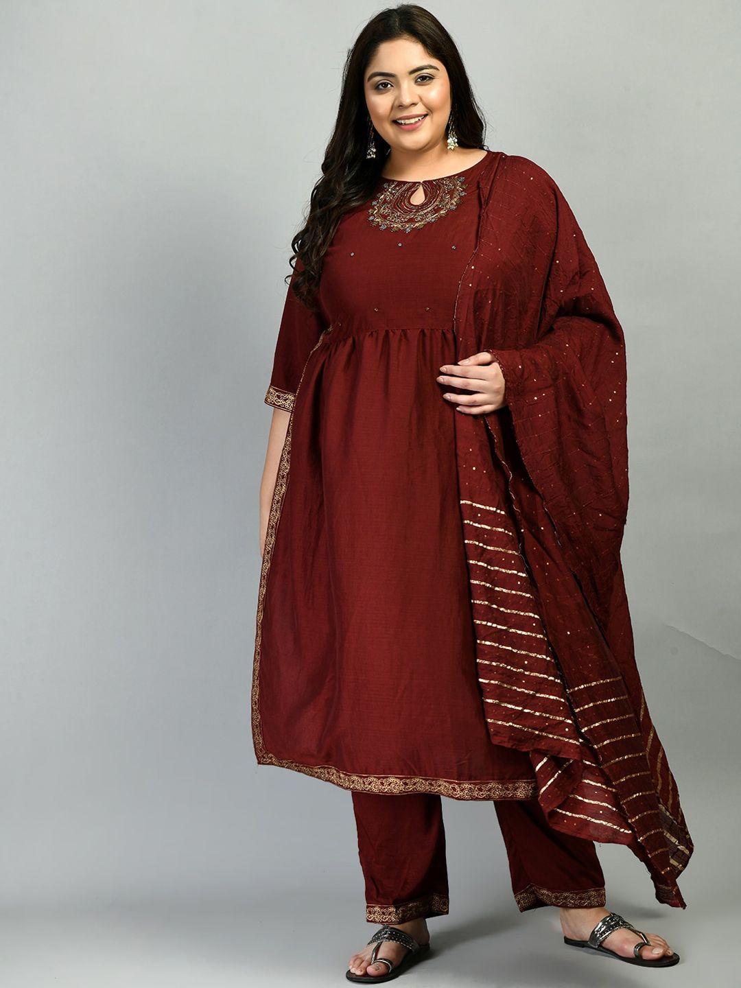 prettyplus by desinoor.com women maroon floral embroidered pleated kurta with trousers & dupatta