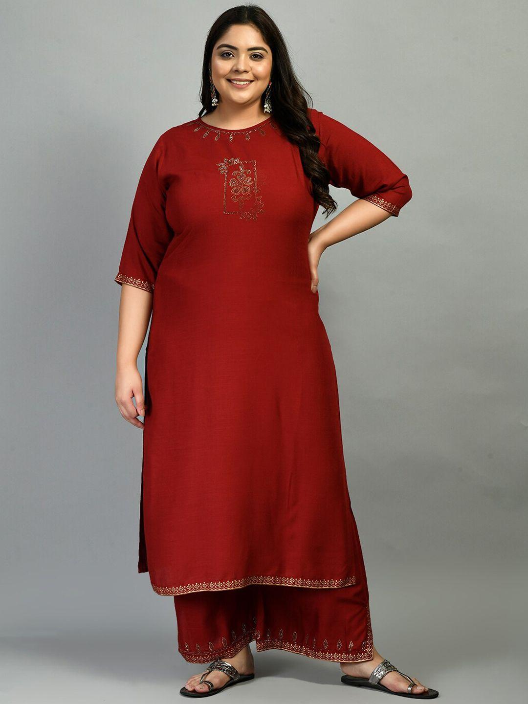 prettyplus by desinoor.com women maroon sequined kurta with palazzos