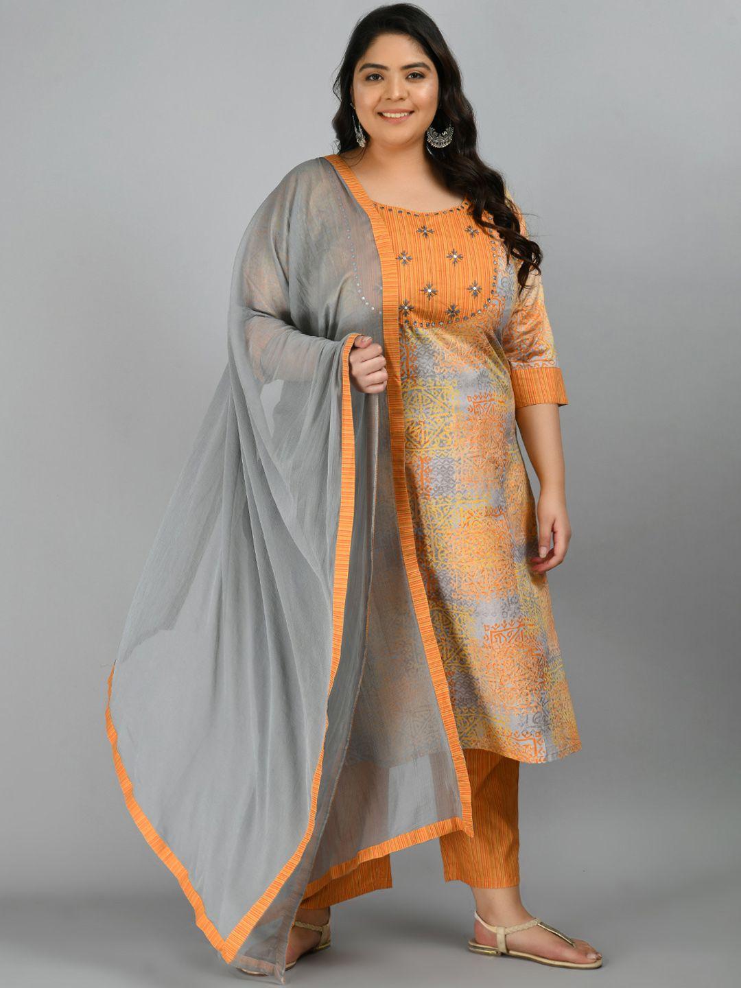 prettyplus by desinoor.com women mustard printed pure cotton kurta with trousers & dupatta