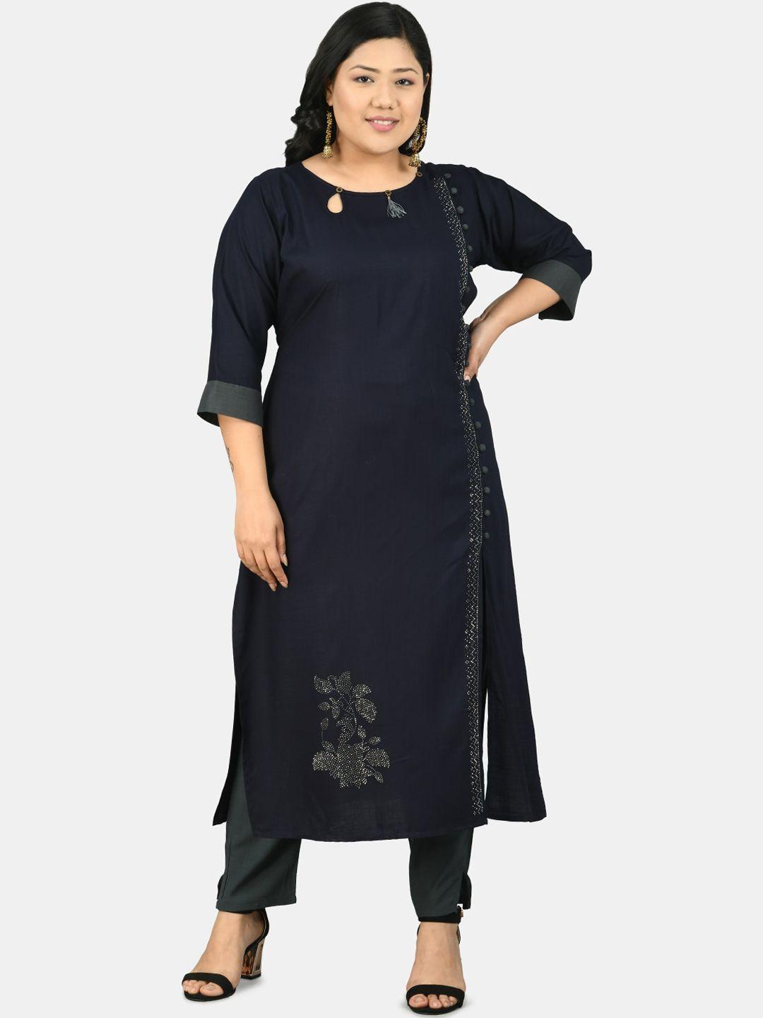 prettyplus by desinoor.com women navy blue kurta with trousers