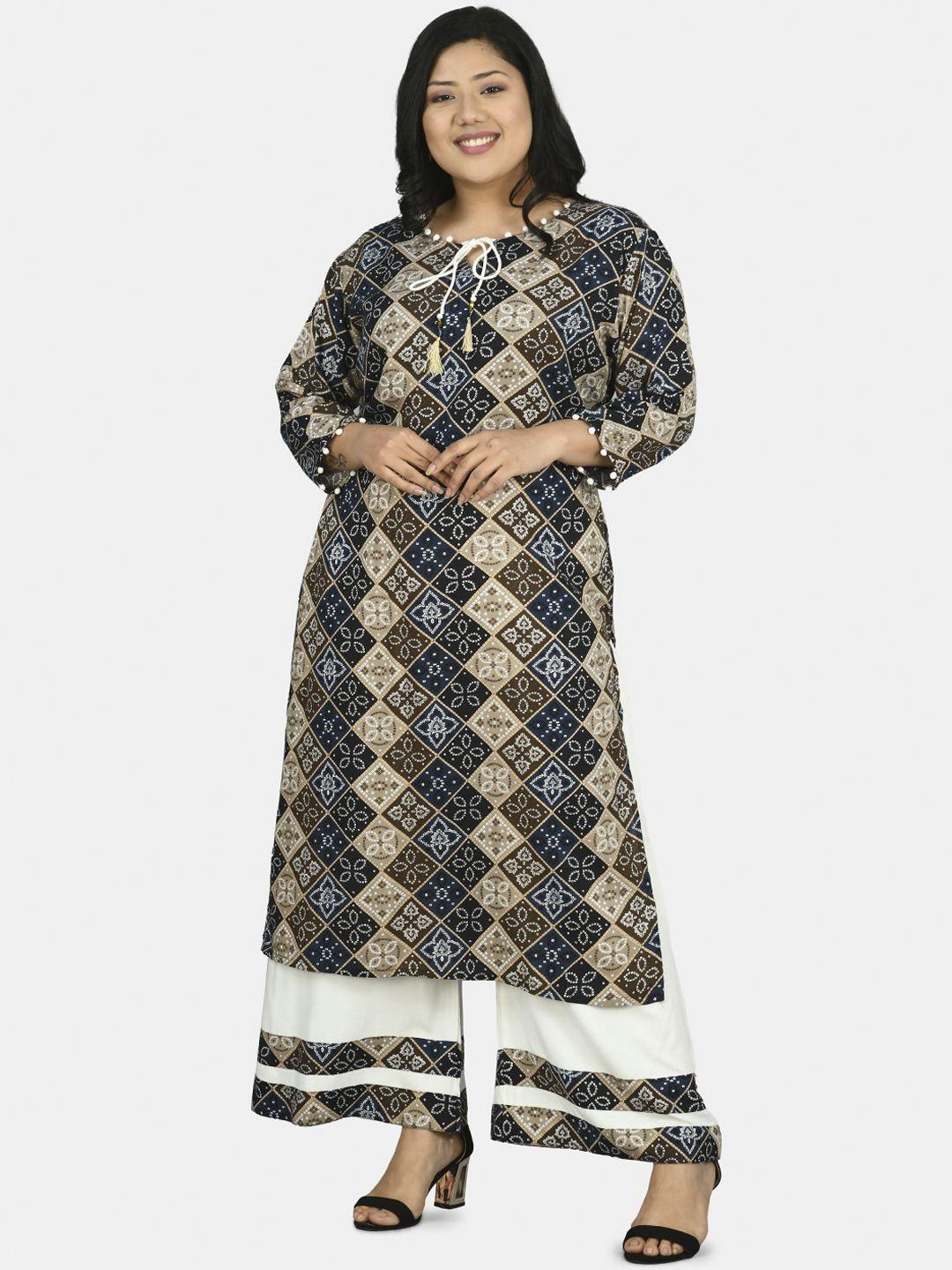 prettyplus by desinoor.com women navy blue printed  kurta with palazzos