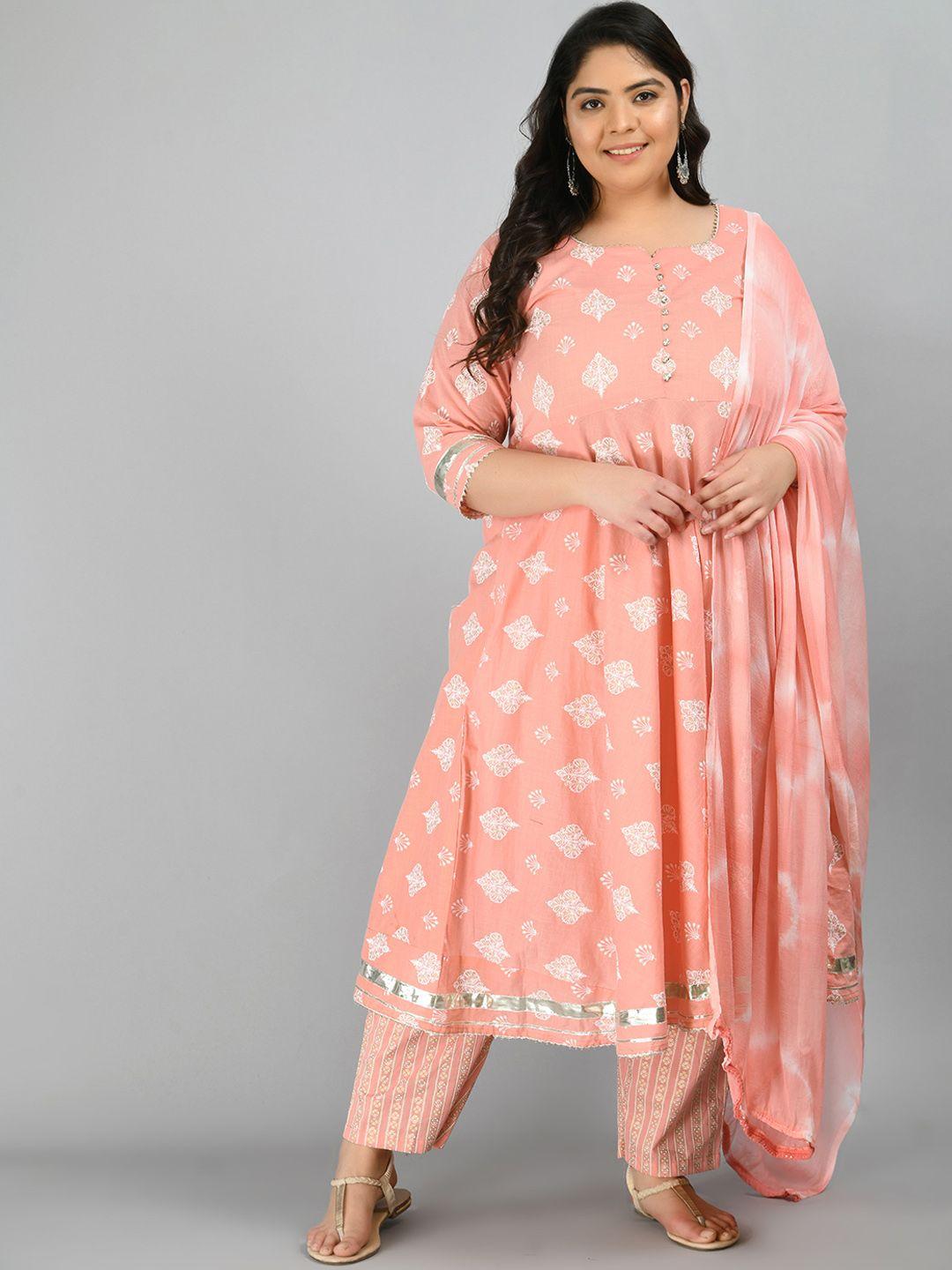 prettyplus by desinoor.com women peach empire pure cotton kurta with trousers & dupatta