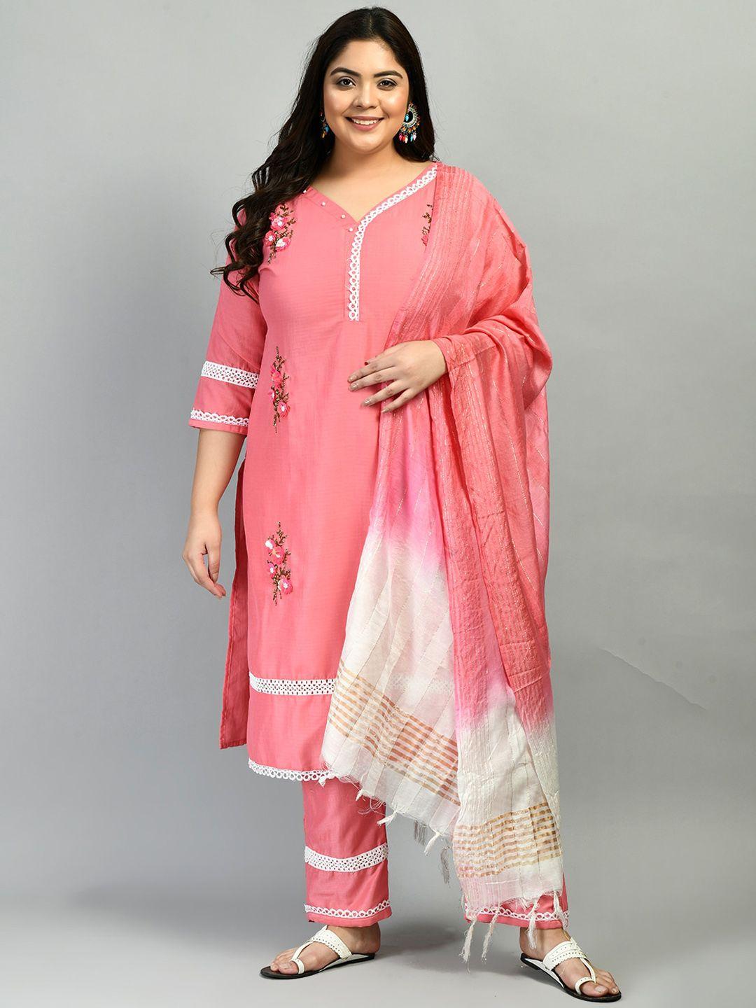 prettyplus by desinoor.com women pink ethnic motifs embellished kurta with trousers & dupatta