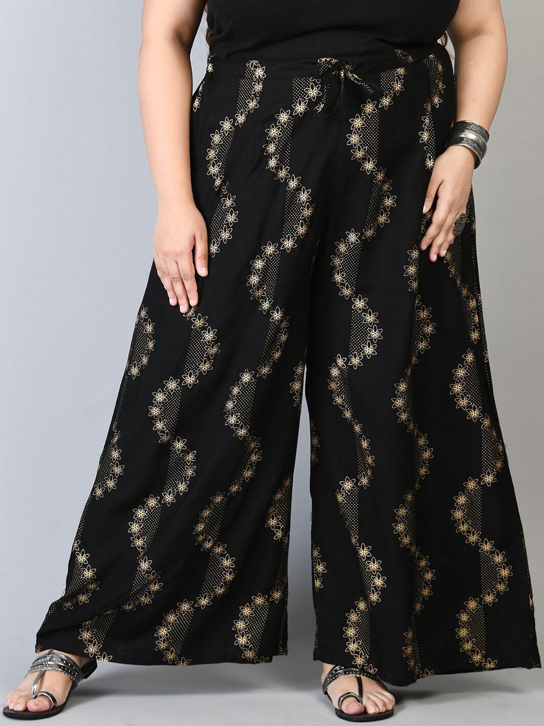 prettyplus by desinoor.com women plus size black & gold-toned floral printed palazzos