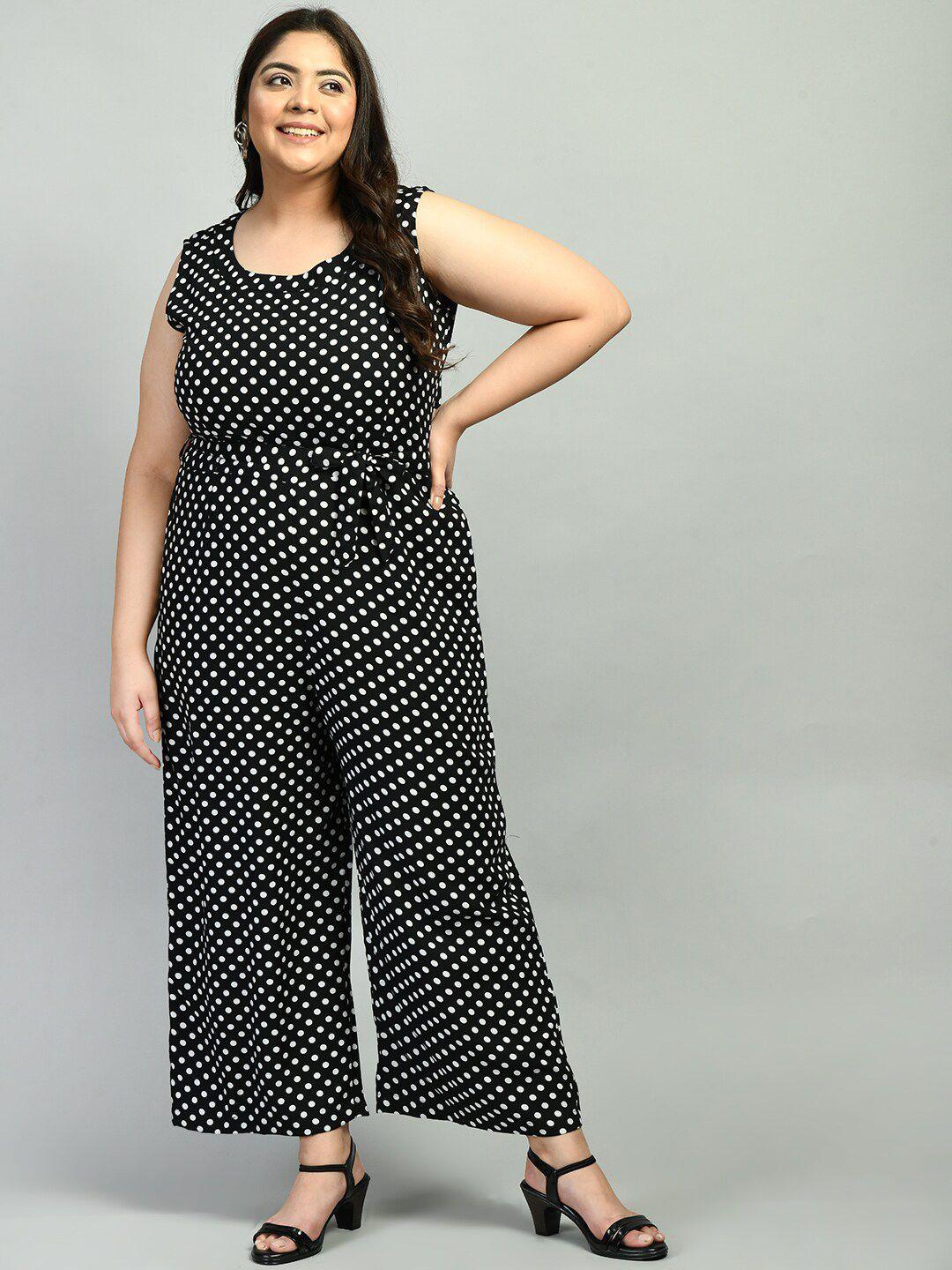 prettyplus by desinoor.com women plus size black & white polka dots basic cotton jumpsuit