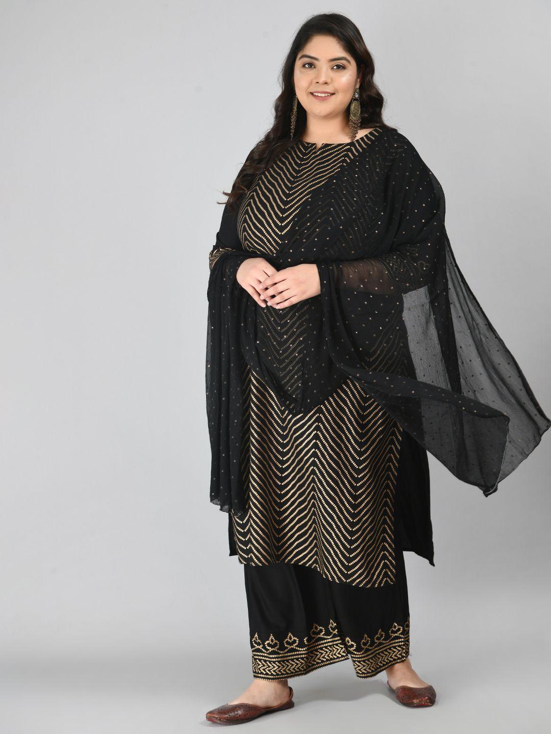 prettyplus by desinoor.com women plus size black printed kurta with palazzos & dupatta