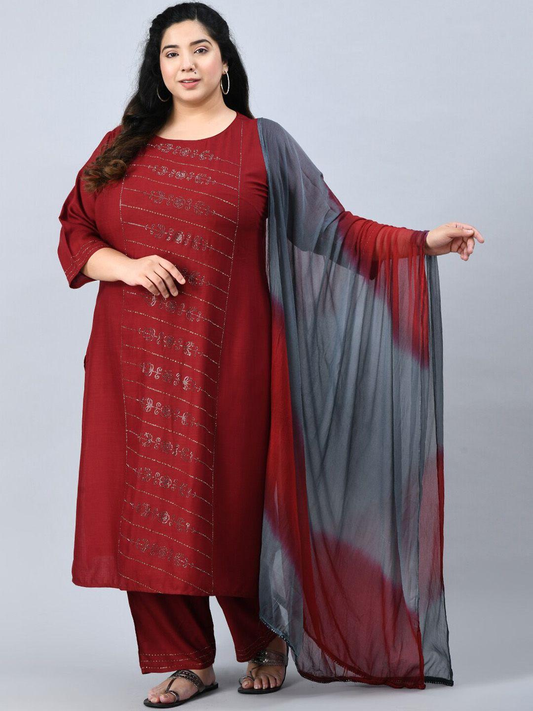 prettyplus by desinoor.com women plus size embroidered kurta with trousers & dupatta