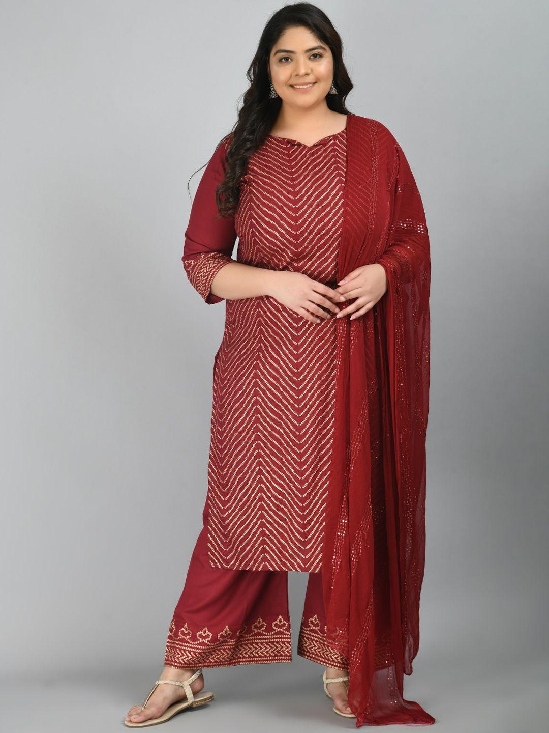 prettyplus by desinoor.com women plus size maroon printed kurta with palazzo & dupatta