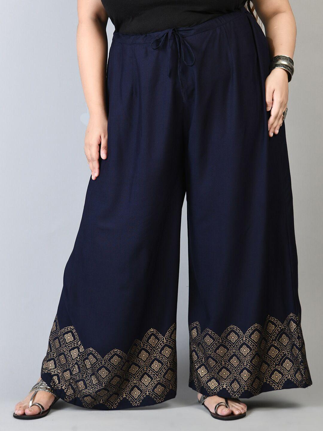 prettyplus by desinoor.com women plus size navy blue & beige printed palazzos