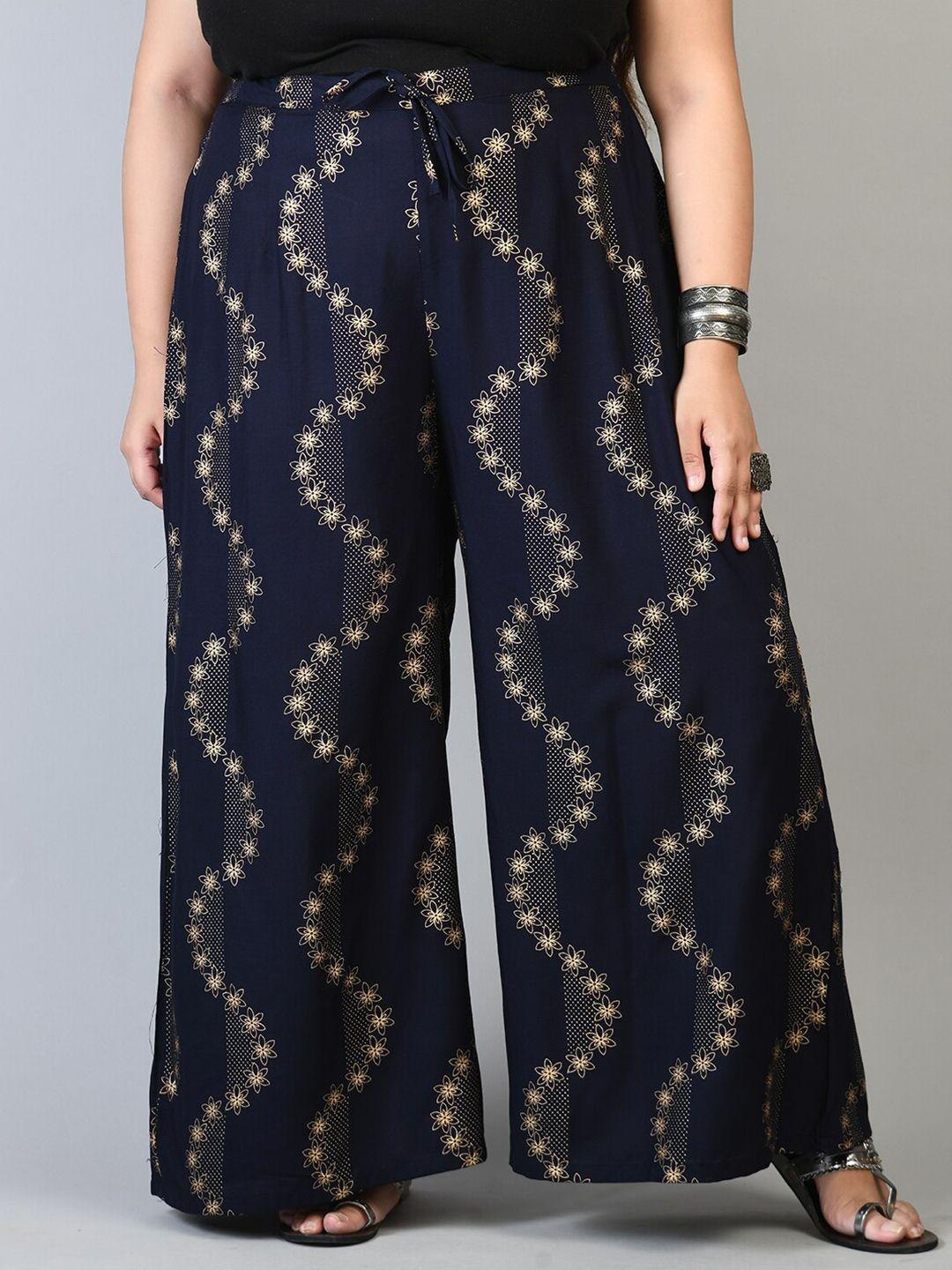 prettyplus by desinoor.com women plus size navy blue & gold-toned floral printed palazzos