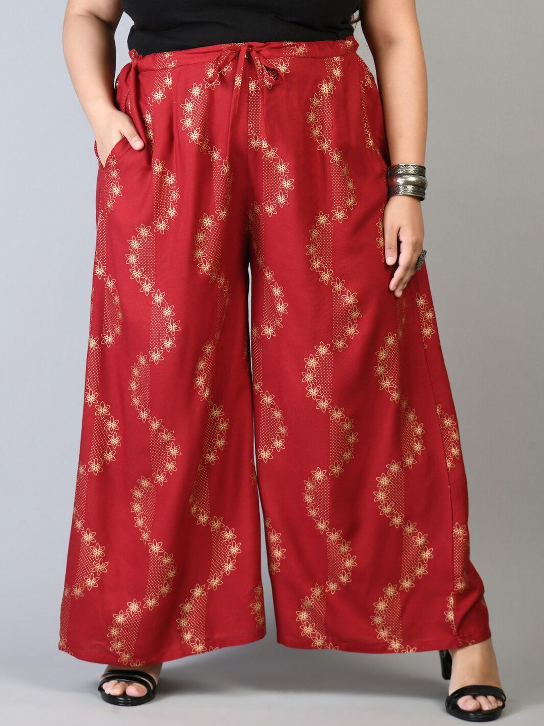 prettyplus by desinoor.com women plus size red & cream-coloured floral printed palazzos