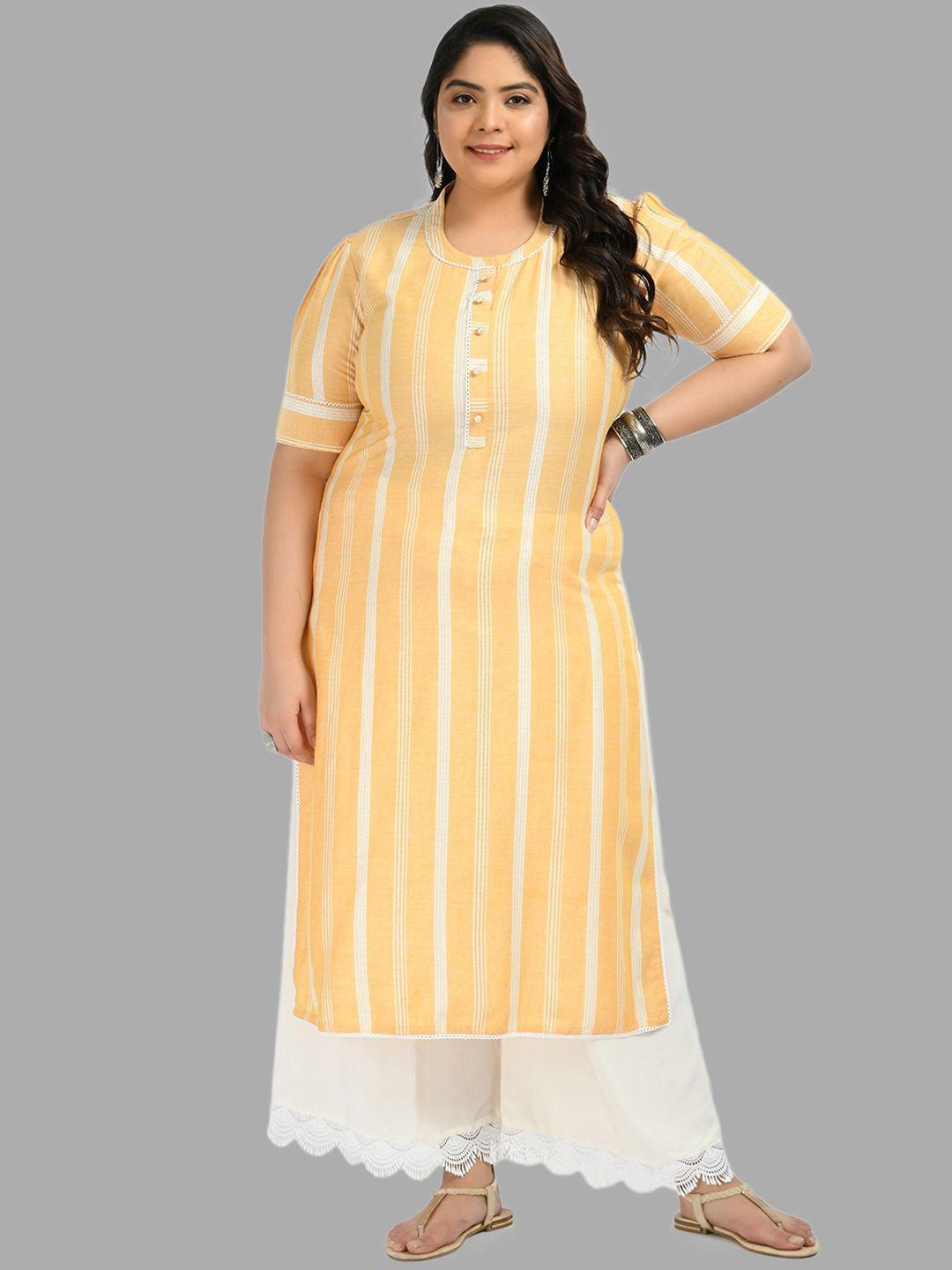 prettyplus by desinoor.com women plus size yellow striped pure cotton kurta & palazzos