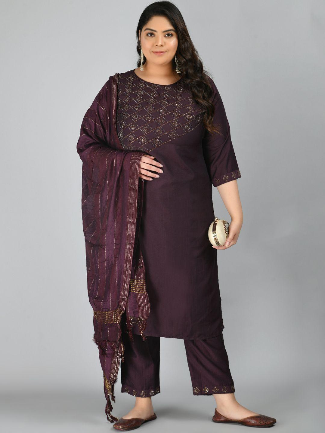 prettyplus by desinoor.com women purple beads and stones kurta with trousers & dupatta