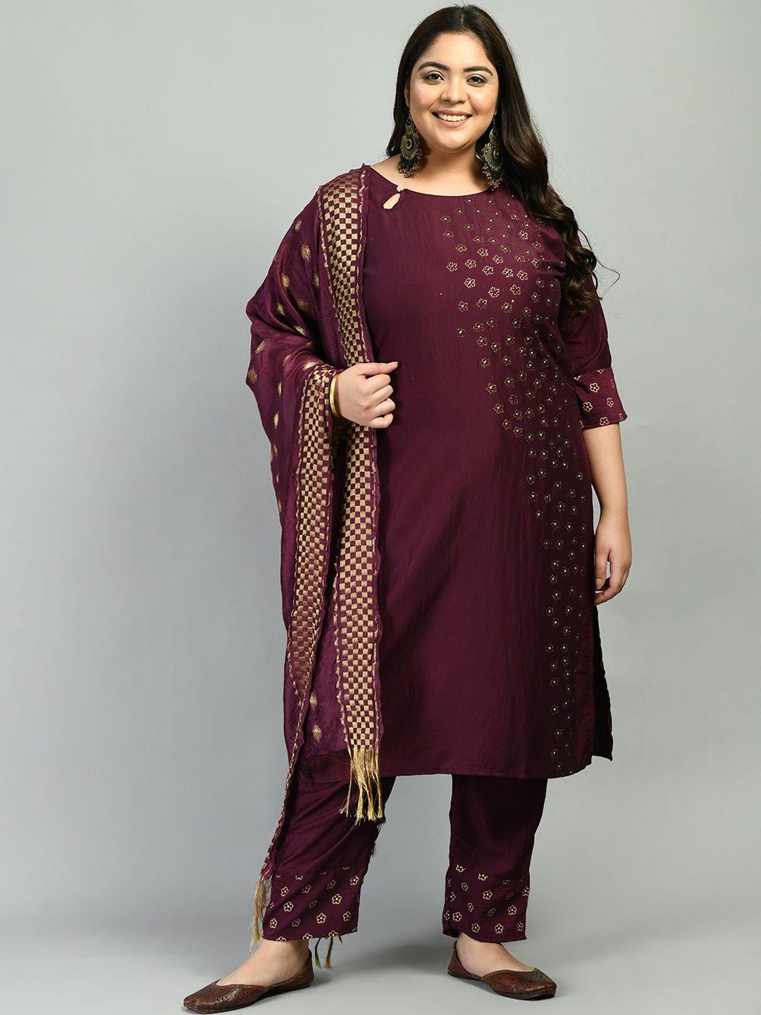 prettyplus by desinoor.com women purple floral embellished kurta with trousers & dupatta