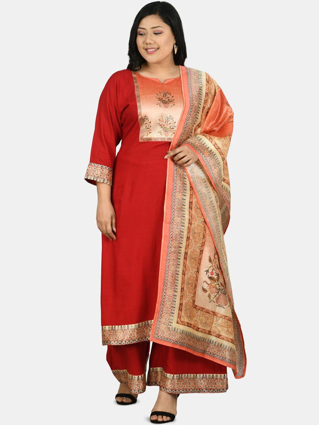 prettyplus by desinoor.com women red ethnic motifs yoke design kurta with palazzos & with dupatta