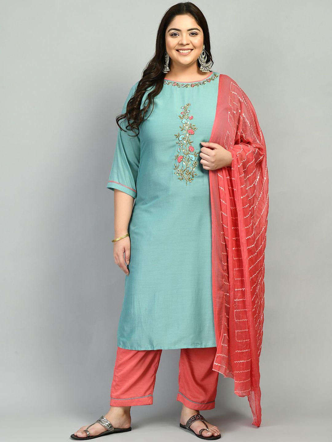 prettyplus by desinoor.com women sea green floral embellished zardozi kurta with trousers & dupatta