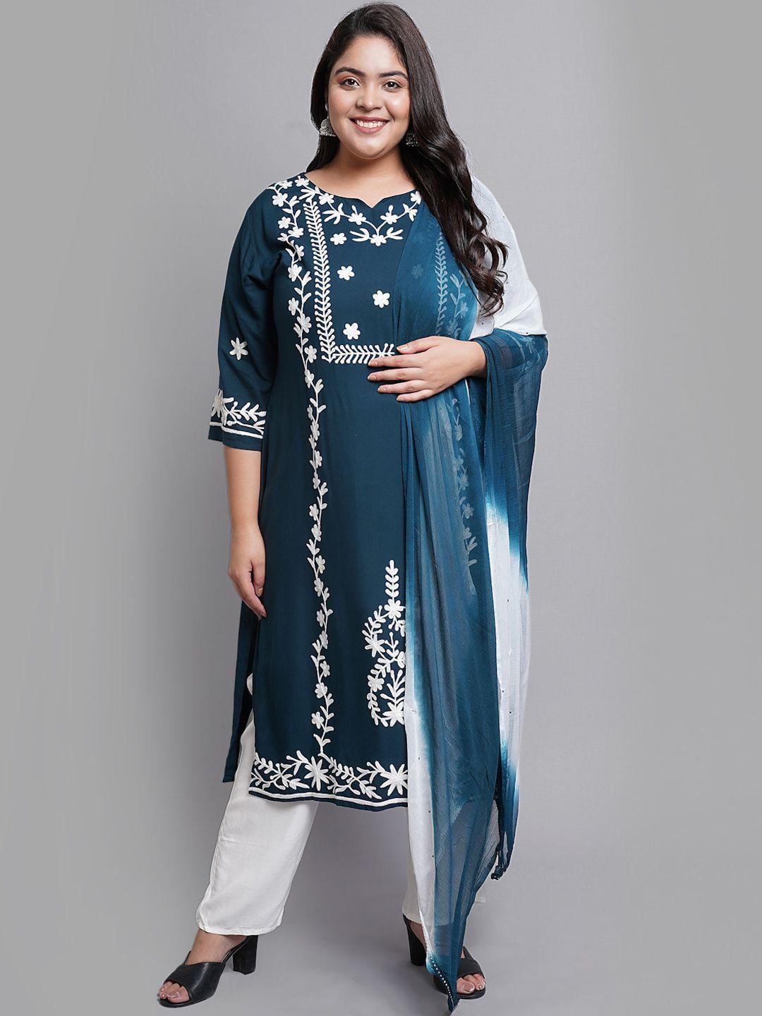 prettyplus by desinoor.com women teal floral embroidered regular kurta with trousers & with dupatta