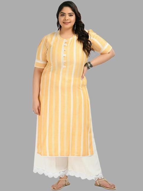 prettyplus by desinoor.com yellow & white printed kurta palazzo set