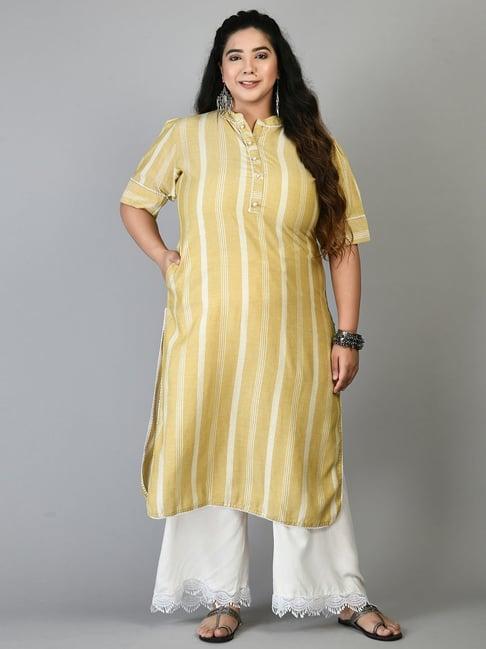 prettyplus by desinoor.com yellow striped straight kurta