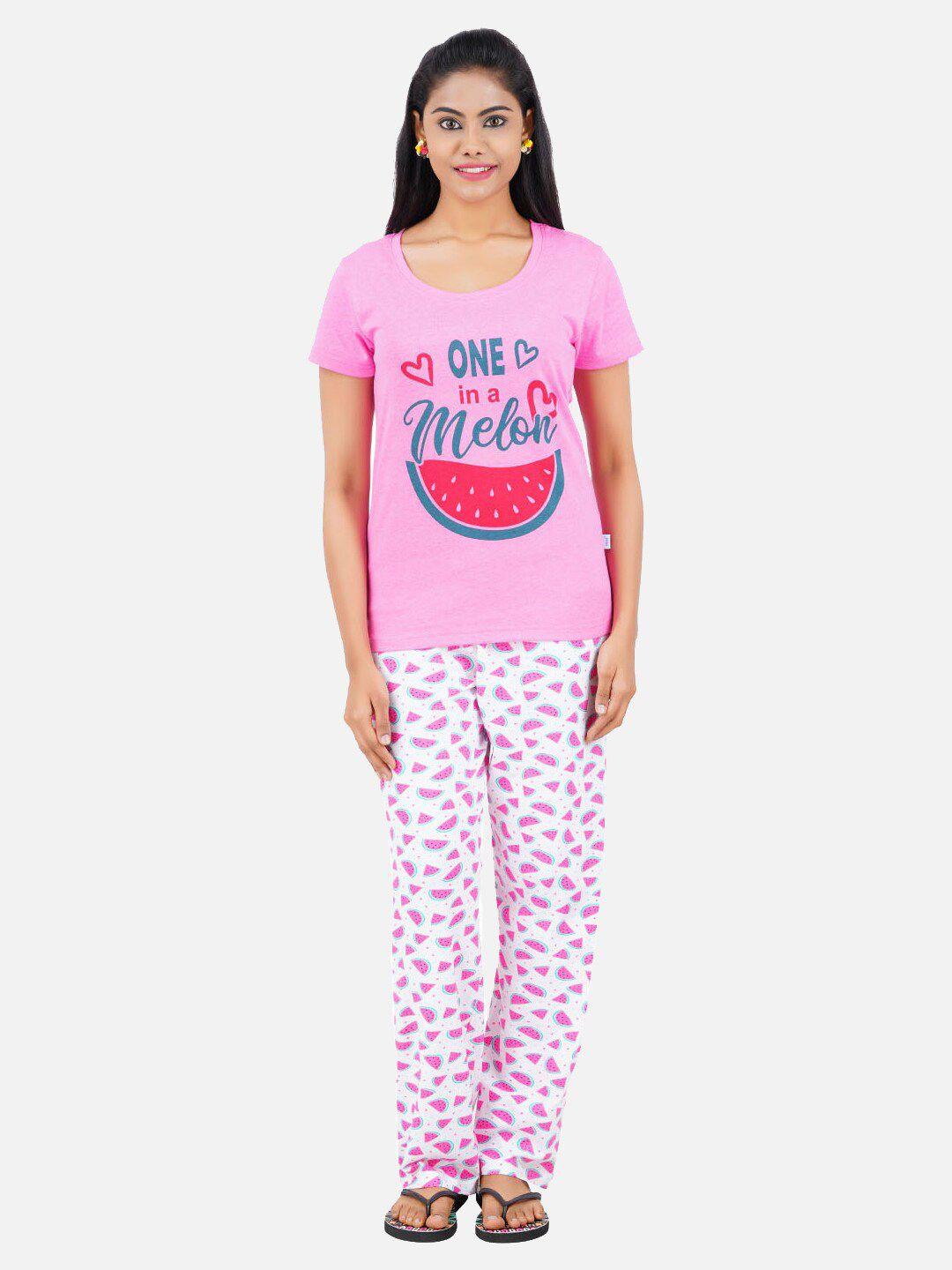pride apparel women pink & white pure cotton printed night suit