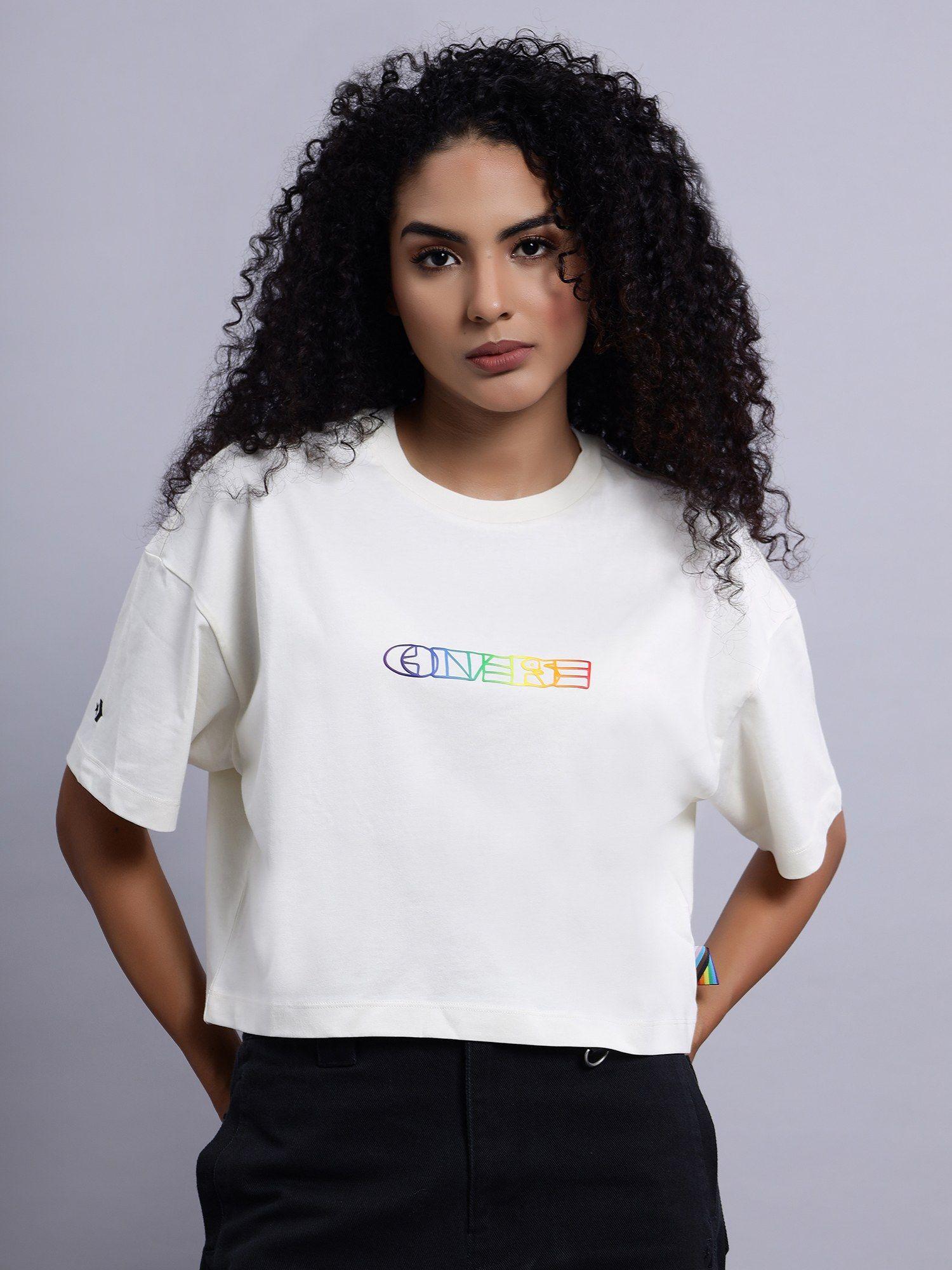 pride deconstructed graphic cropped tee egret