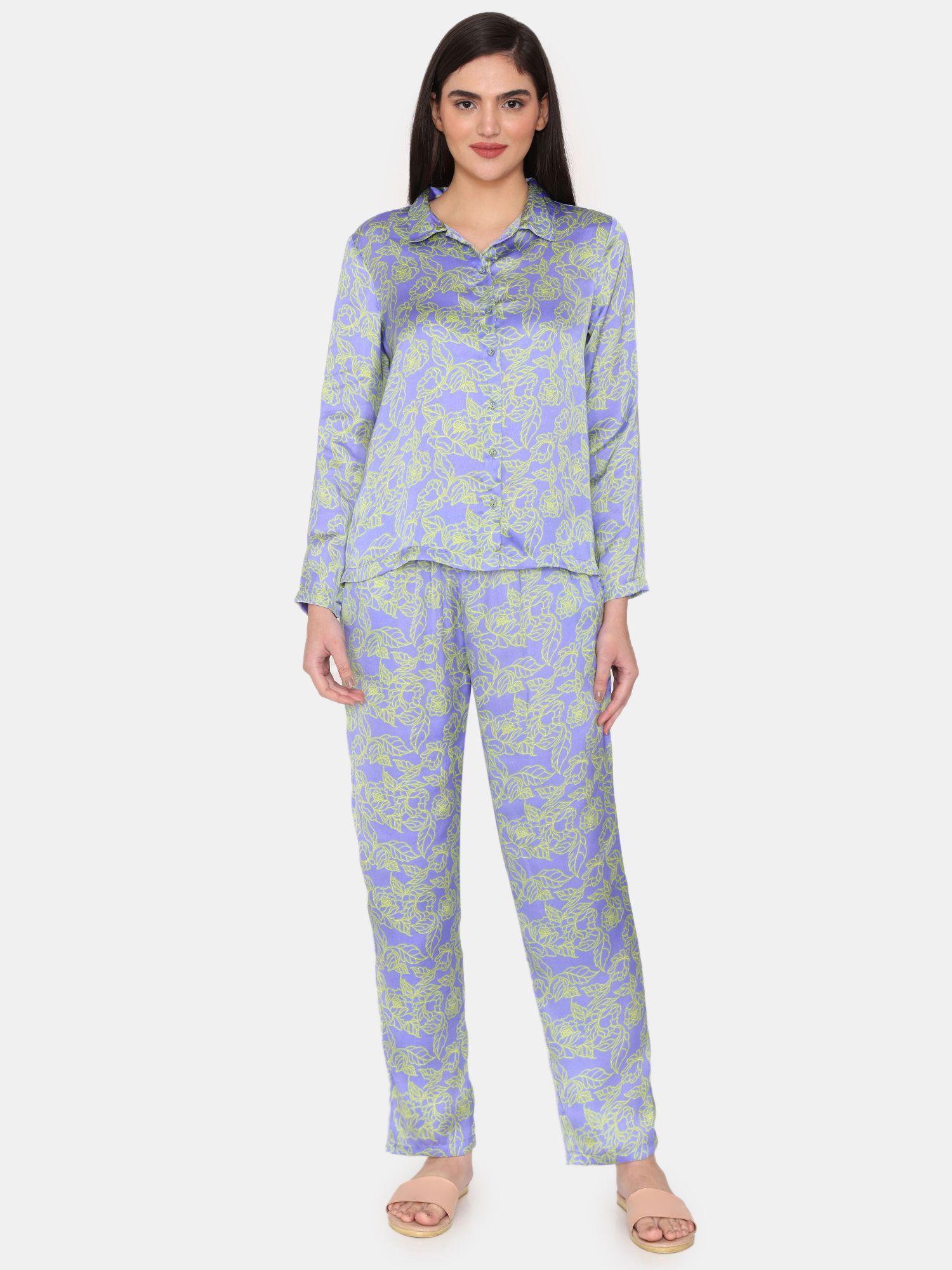 primrose woven pyjama and shirt - jacaranda blue (set of 2)