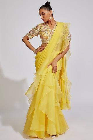 primrose-yellow organza & net draped saree set