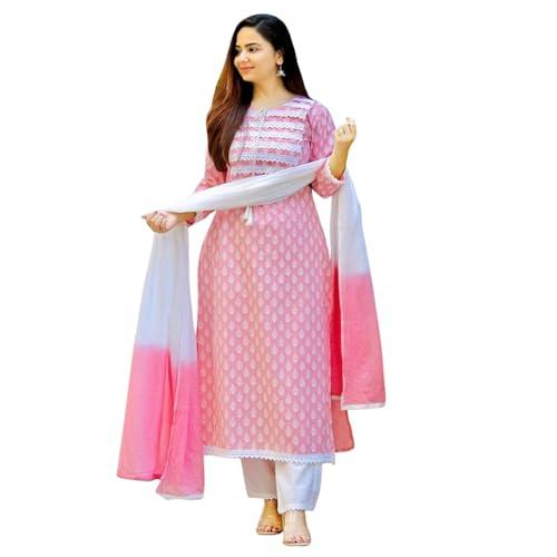 primvo beautiful cotton straight kurta with pant & dupatta for womens and girls 3/4 sleeve suit (xl, pink)