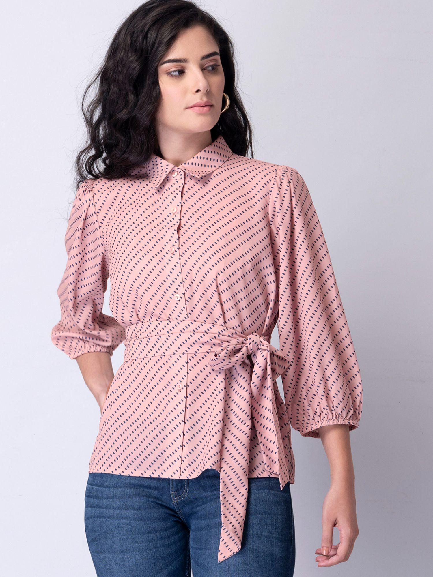 prink printed button down belted shirt