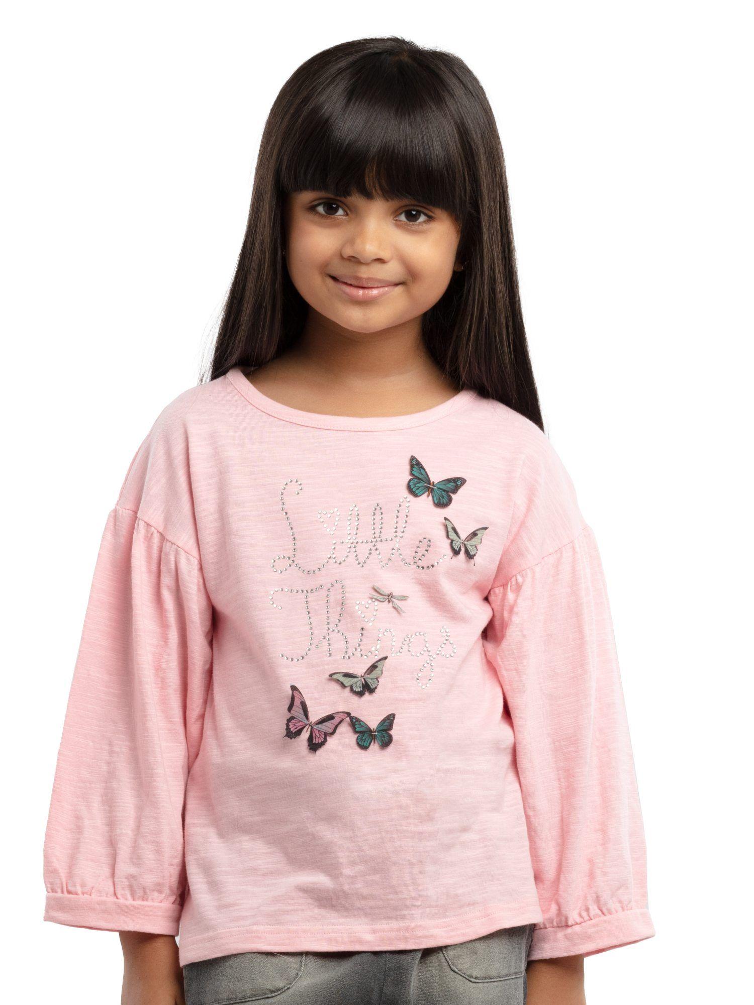 print and applique on chest girls drop shoulder bell sleeve top