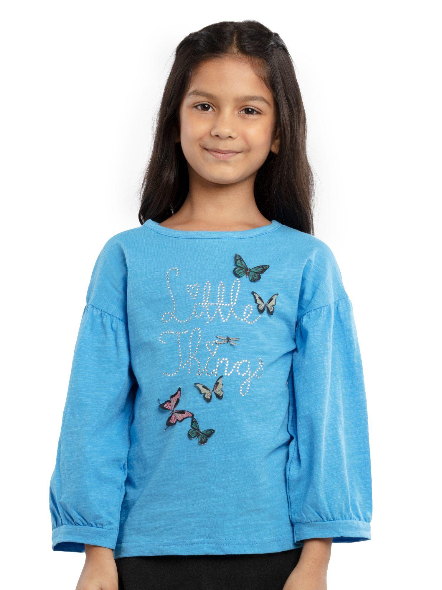 print and applique on chest girls drop shoulder bell sleeve top