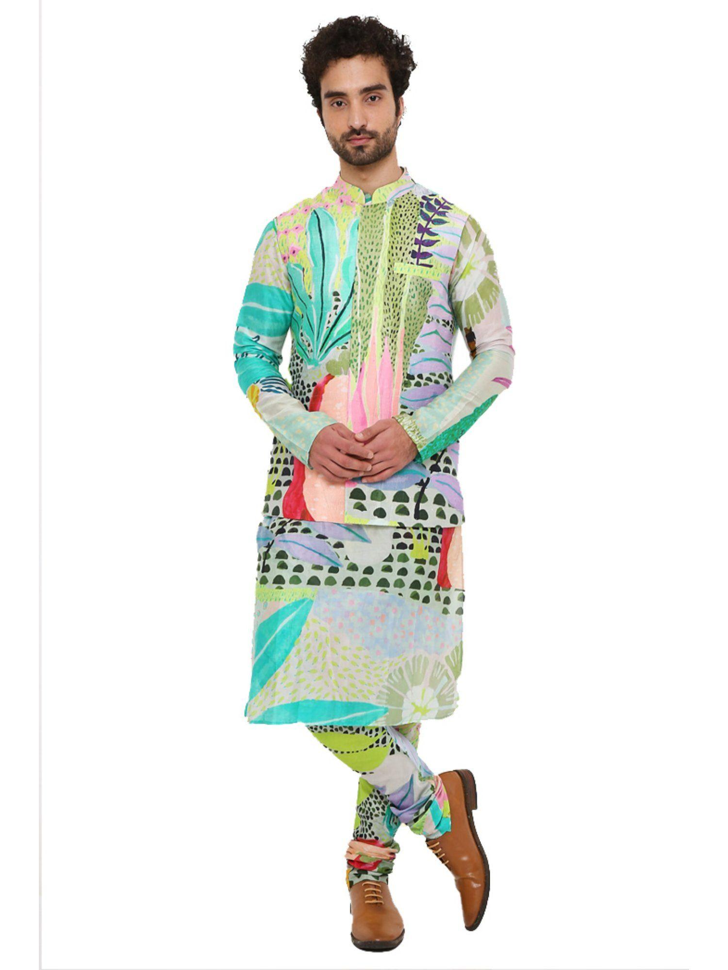 print dupion silk bandi with silkmul kurta and churidar (set of 3)