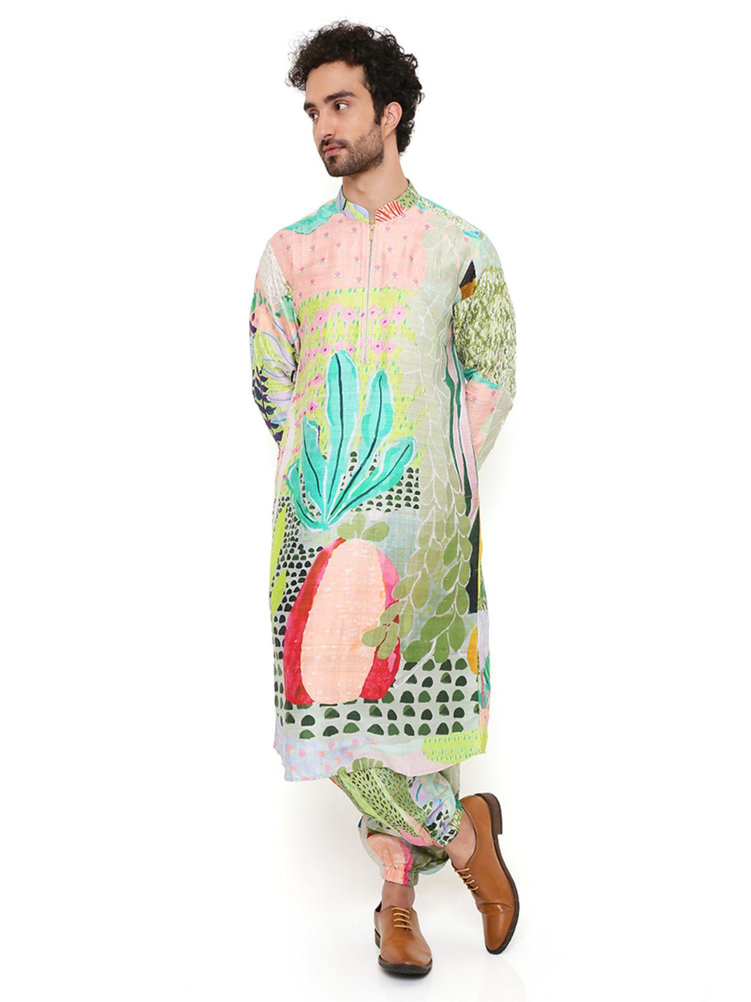 print dupion silk bomber kurta with jogger pants (set of 2)