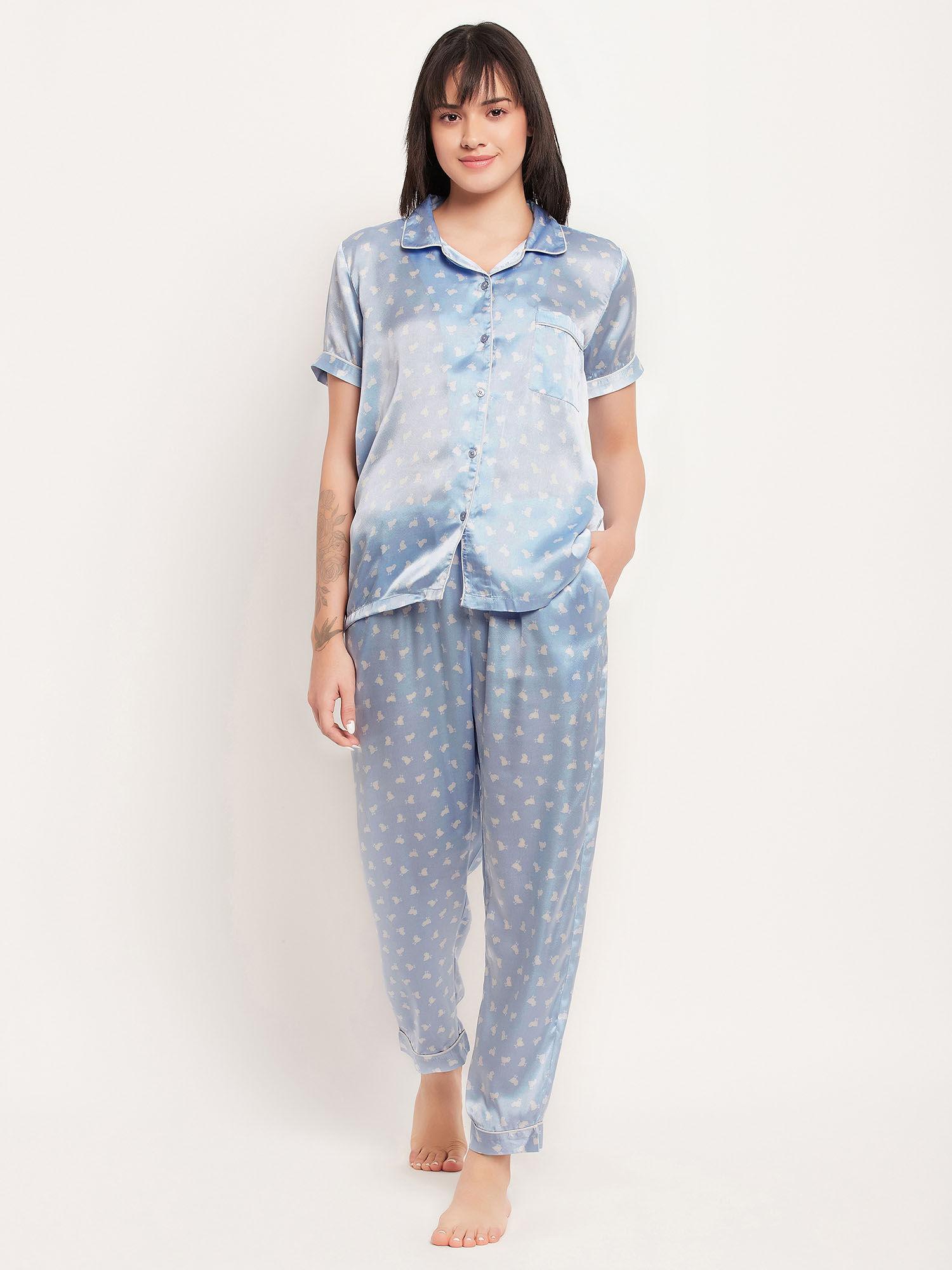 print me pretty button down shirt & pyjama set in baby blue - satin (set of 2)
