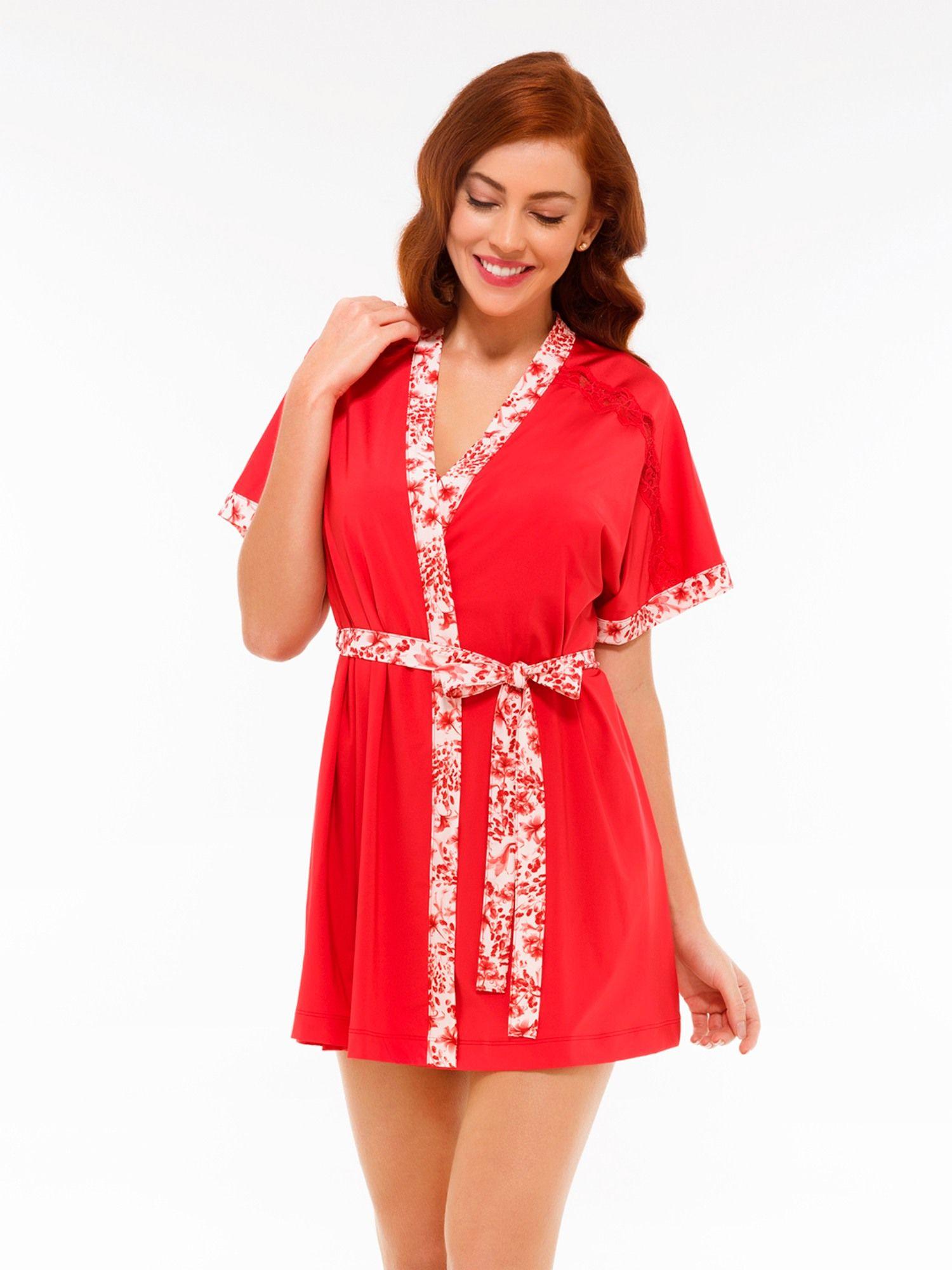 print non padded v-neck half sleeve above knee sleep robe red