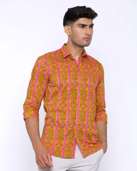 print shirt with spread collar