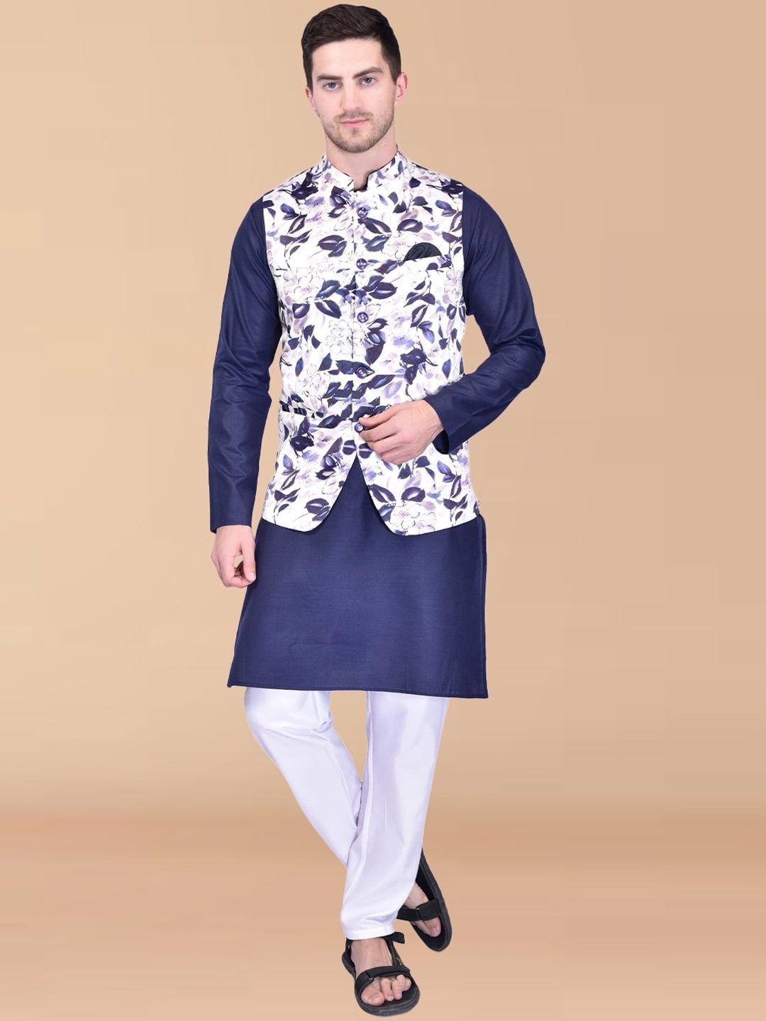 printcultr  band collar pure cotton straight kurta & pyjamas with nehru jacket